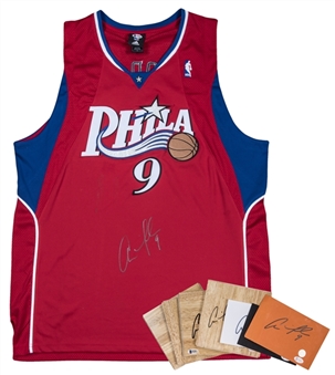 Lot of (8) Andre Igoudala Signed Collection of Philadelphia 76ers Jersey, (4) Wood Floor Pieces & (3) Signed Cuts (Beckett)